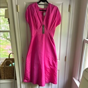 Lela Rose Silk Faille A Line V Neck Dress Hot Pink